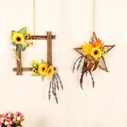 Decorative Flowers & Wreaths Simulation Sunflower Wreath Wall-Ideal Wooden Spring And Summer Pendant Square Pentagram Garland Home Wedding D