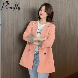 Women's Suits & Blazers PEONFLY 2021 Winter Woman Blazer Jacket Coat Double Breasted Cotton Chic Long Suit Female Khaki Blue Casual Cardigan