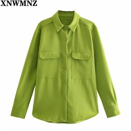 Women Fashion Green Pockets Oversized Verticality Shirts Vintage Long Sleeve Asymmetric Loose Female Blouses Chic Tops 210520