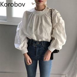 Korobov New Women Blouses Korean Elegant Solid Female White Shirts Office Lady Puff Sleeve Button Chic Female Shirt 210430