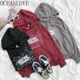 Japan Style Tops Women Hoodies Print Letters Cartoon Autumn Hooded Sweatshirts Kawaii Front Pocket Hoodie 18443 210415