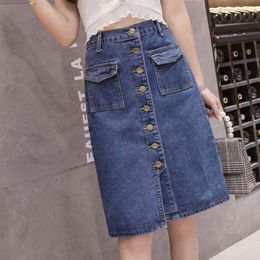 Autumn High Waist Denim Skirt Women New Fashion Korean Style Buttons Pockets Classic Jeans Midi Skirt Female Plus Size P069 210412