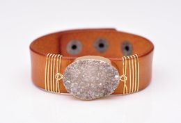 Tennis DIY Handcraft Natural Elegant Druzy Leather Bracelet Cuff Wristband Unisex Light Brown With White Gemstone