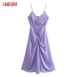 Tangada Women Purple Flowers Romantic Dress Sleeveless Backless Females Midi Dresses Vestidos JE133 210609