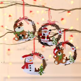 15cm Christmas Decoration Rattan Wreath Santa Claus Elk Snowman Party Window Decorations Xmas Tree Pendant JJD11159