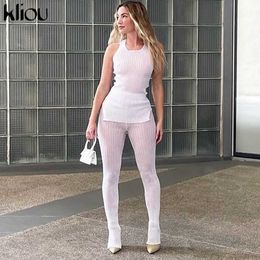 Kliou Solid Knitted Two Piece Set Women See Through Skinny Casual Top+Pant Matching Outfits Active Sexy Streetwear Clothing Y0625