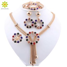 New African Bridal Jewellery Sets for Fashion Women Colourful Crystal Necklace Earrings Bracelet Ring Sets Wedding Gift H1022
