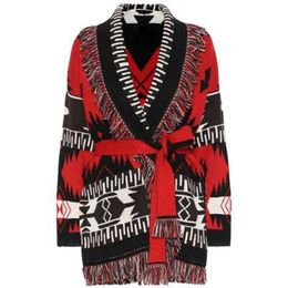 Jastie Women's Red Western Cardigan Cashmere Wool Sweater Tassel Lapel Long Sleeve Winter Sweaters Women Jacket Overcoat 210419