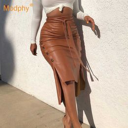 Women Sexy Pu Leather Party High waist Skirt Solid Faux Side Button Lace Up Casual Bodycon Split Midi 210527