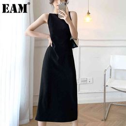 [EAM] Women Black Long Temperament Chiffon Dress Round Neck Sleeveless Loose Fit Fashion Spring Summer 1DD8613 21512