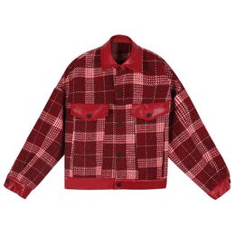 PERHAPS U Women Red Plaid Jacket Turn Down Collar Pu Leather Patchwork Button Single Breasted C0045 210529