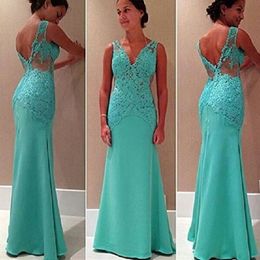 Floor length Long Prom Dresses V Neck Illusion Bodice lace Satin Blue Mermaid Evening Dresses