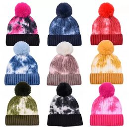 Tie dye Crochet Hats Unisex Wool knitted hat Autumn Winter Keep warm Caps Fashion Coloured Cap teenager men women Gradient Pompom Cap