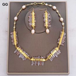 GuaiGuai Jewelry Natural Lepidocrocite Quartz Druzy Cultured Pink Rice Pearl Necklace Earrings Sets For Women