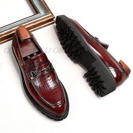 Genuine Leather Mens Dress Shoes Oxfords Business Office Pointed Black Wine Red Slide On Mens Formal Shoes Wedding Shoes