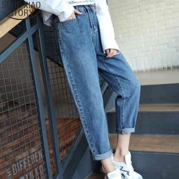 Autumn Women Loose Harem Ankle-length Blue High Waist Jeans Soft Denim Casual Trousers Pants Capris 10729 210417