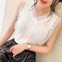 Plus Size S-4XL Fashion Crochet Hollow Lace Tank Tops Women Summer Sleeveless V Neck Female Tanks Camis Knitted Tops Vest 14206 210527