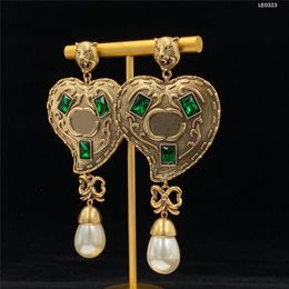 Heart Pattern Stud Retro Gold Charm Letter Printed Earring Chic Pearl Ear Pendant Green Diamond Ear Jewellery