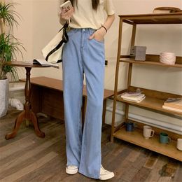 Blue Light Washed Plus Size Straight High Waist Jeans Denim Wide Pants Femme Loose All Match Streetwear Trousers 210421