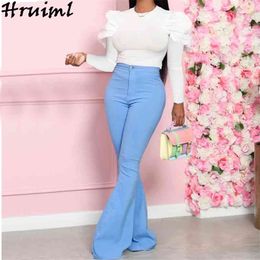 Two Peice Set for Women Autumn Puff Sleeve O Neck Short Tops High Waist Long Flare Pants Sets Office Lady Skinny Ensemble Femme 210513