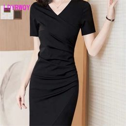 Korean Slim Pack Hip Short Sleeve Dress Women's Summer Black V-Neck Sleeveless Office Lady 210416