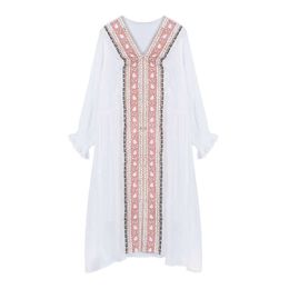 PERHAPS U Women White V-neck Bohemian Embroidery Lantern Long Sleeve Empire Holiday Midi Dress Spring Summer Indie Folk D2489 210529