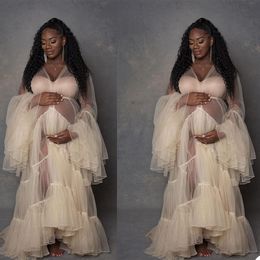 Champagne Kimono Maternity Evening Dresses 2021 Long Poet Sleeves Ruffles Pregnant Photoshoot Prom Party Gown Plus Size vestidos Custom Made Robe