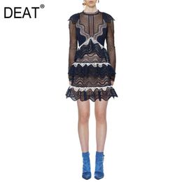 [DEAT] Summer Fashion Round Neck High Waist Ruffles Long Sleeve Splicing Temperament Elegant Dress Women 13D197 210527