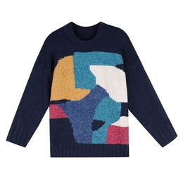 Women Sweater Knitted Pullovers Long Sleeve Casual Winter Crew Neck Chic Geometric Navy Beige M0448 210514