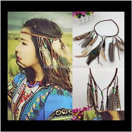 Headbands Jewellery Drop Delivery 2021 Hippy Indian Headband Boho Faux Peacock Feather Bead Band Women Fashion Tassel Headwear Feastiveal Hair