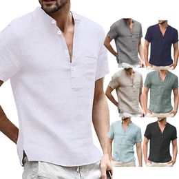 Mens Linen Cotton Henley Shirt - Casual Short/Long Sleeve Hippie Button Up Beach T Shirts Cotton Linen Breathable Solid color