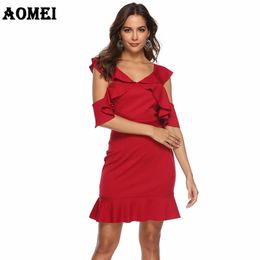 Women Red Dress Evening Party Ruffles Sexy Dinner Clubwear Backless Plus Size Ladies Slim Tunics Elegant Tight Spring Robes 210416