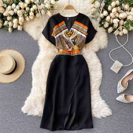 Fashion Women Summer Dress V-neck Short Sleeve Printing Elastic Waist Front Split Casual Office Lady Midi Work OL 210603