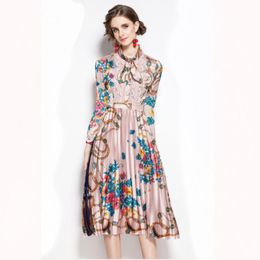 Summer Women Retro Printing Bowknot Collar Pleated Long Dress Ladies Temperament Chain Printing Holiday Dress Femal 210514