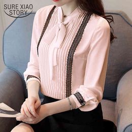 Spring Long Sleeved Blouses Tops V-neck Bow Chiffon Shirts Office Lady Style Lace Sweet Women Clothing D472 30 210415