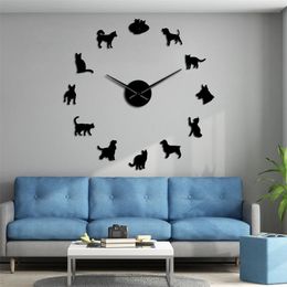 Silhouette Cats Wall Art Kittens DIY Giant Wall Clock Playful Cats Big Needle Kitty Girl Room Large Wall Watch Feline Fan Gift 5037 Q2