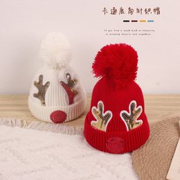 cartoon sequined antler childrens knitted hat cute christmas antler baby wool hats