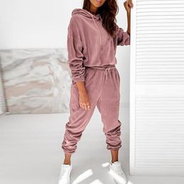 Women's Two Piece Pants Fashion Solid Velvet Ladies Set Sweatshirts + Sports Long Outfit Tracksuit Casual Sleeve Women Hooded Suits
