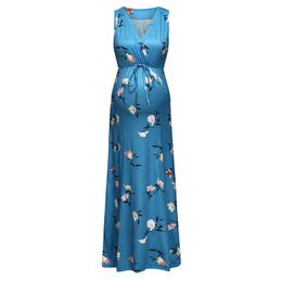 Maternity Wear Summer New Style V-neck Printing Fashion Long Dress for Pregnant Women Fresh and Sweet Ladies Skirt PW41