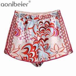 Aonibeier Ornate Print Summer Women Shorts Button Front Elastic High Waist Shorts Beach Holiday Casual Loose Shorts Bottoms 210611