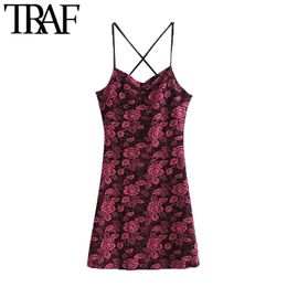 TRAF Women Sexy Fashion Floral Print Velvet Mini Dress Vintage Backless Cross Thin Straps Female Dresses Mujer 210415