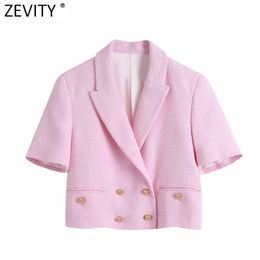 Women Sweet Double Breasted Notched Collar Pink Tweed Woollen Short Blazer Coat Vintage Female Outerwear Chic Tops CT681 210416