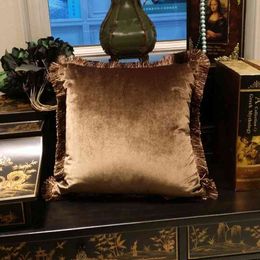 Luxurious Solid Brown Turquoise Blue Shiny Soft Velvet Cushion Cover Fringe Pipping Decorative Sofa Pillow Case 45 x 45 cm 210401