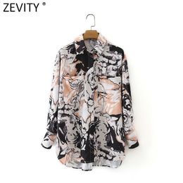 Women Vintage Abstract Ink Printing Casual Breasted Shirt Female Pockets Patch Blouse Roupas Chic Chemise Tops LS9063 210416