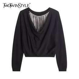 Patchwork Tassel Diamond Sweatshirt For Women O Neck Long Sleeve Casual Short Tops Female Fashion Clothing 210524