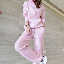 Autumn Winter Pink Two Piece Set Casual Chic Hooded Knitted Sweater Tops And High Waist Wide Leg Pants Women Tracksuit 210518
