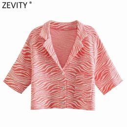 Women Animal Striped Print Short Jacquard Shirt Office Lady Pocket Breasted Blouse Chic Summer Retro Crop Tops LS9308 210420