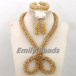 Earrings & Necklace African Gold Crystal Beads Jewelry Sets Handmade Nigerian Wedding Costume Bead Set 2021 AMJ100