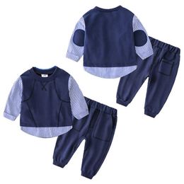 Clothing Sets Autumn Spring Fashion 2 3-8 10 12 Years Cotton Striped Color Patchwork T-shirt+pants 2 Pieces Sports Set for Kids Baby Boys 210529