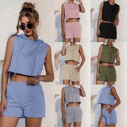 Women summer sets solid hooded sleeveless hoodie tops and Elastic Waist ss Casual t shits shorts 210524